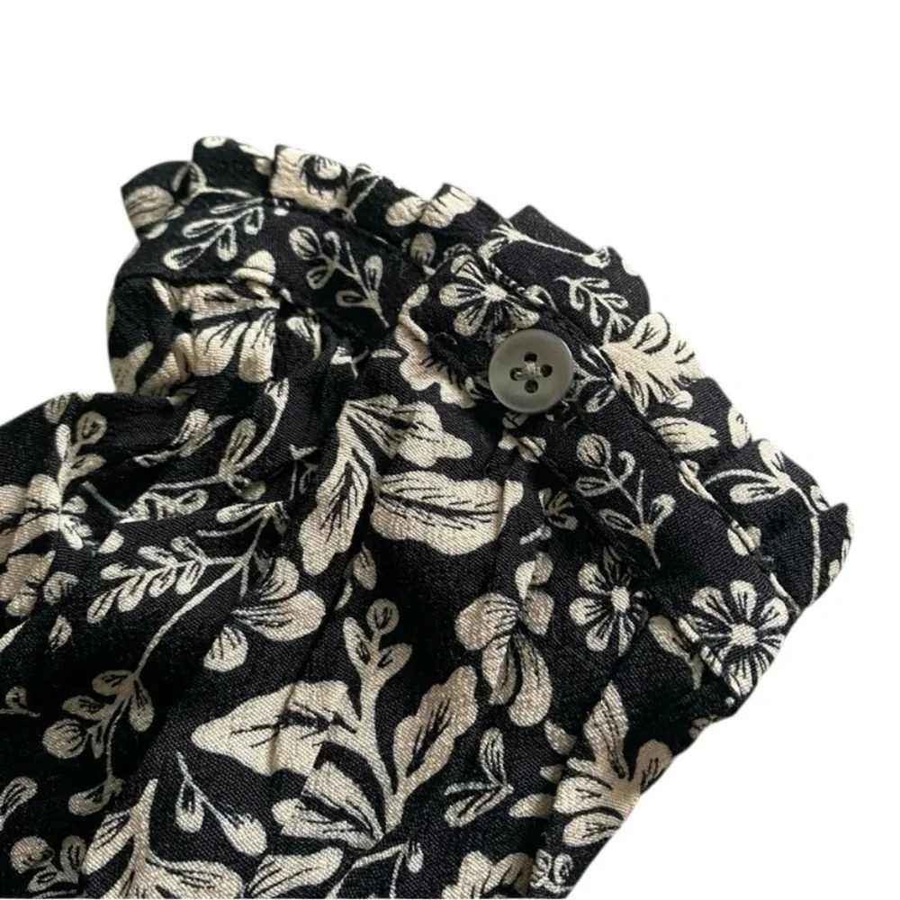 J.Crew Black Floral Blouse Small EcoVero Long Sleeve Pleated Lightweight Top